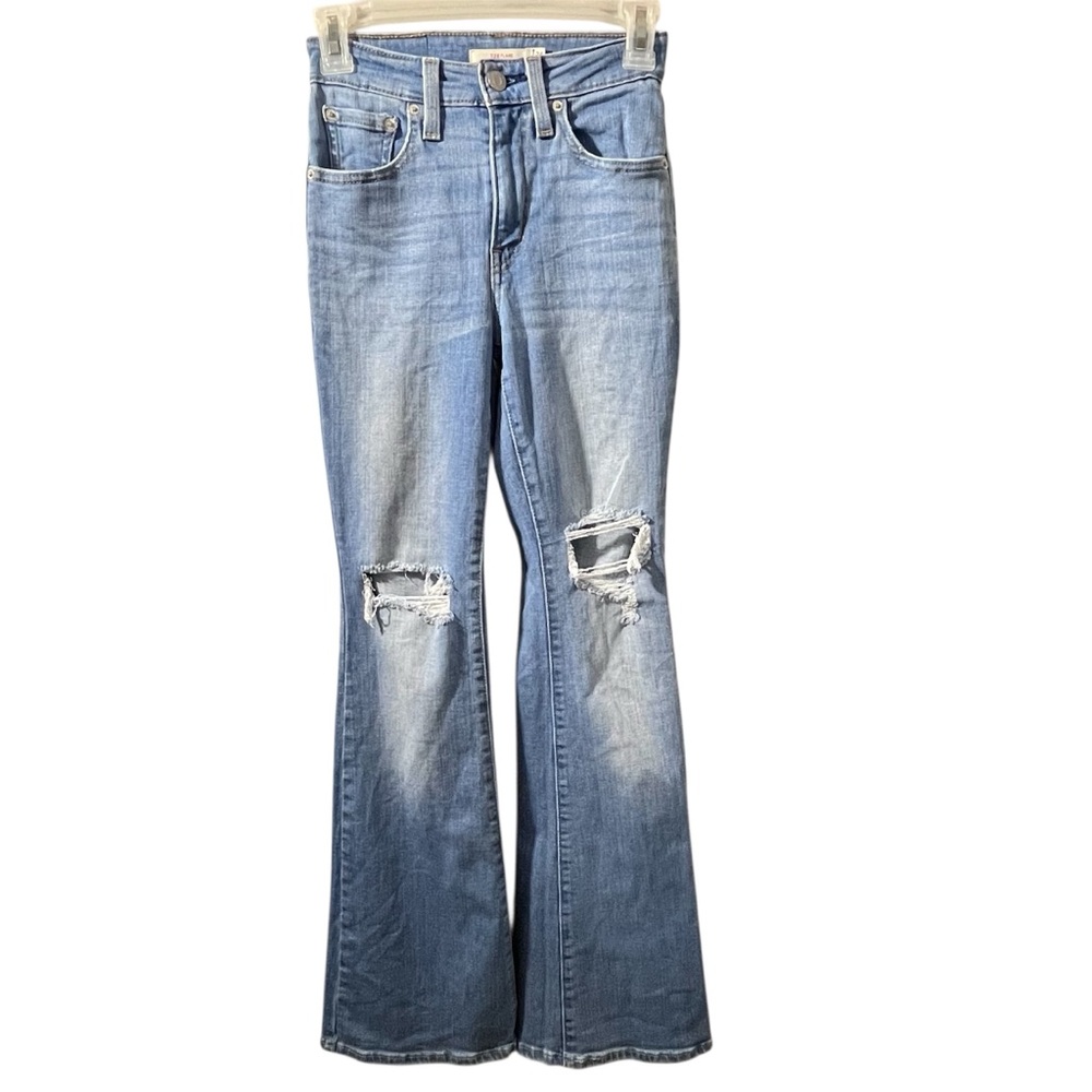 Levi’s 726 High Rise Flare Jeans Size 24 Distressed Light Wash Stretch Denim